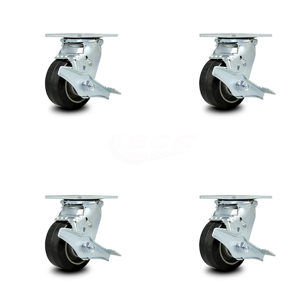 4 Inch Rubber on Aluminum Swivel Caster Set with Ball Bearings and Brakes SCC